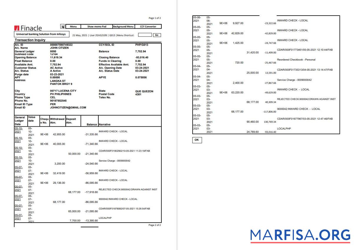 Downloadable India Finacle bank statement excel 2 pages real example